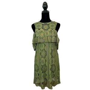 Miami Women’s Dress Boho Crochet Cold Shoulder Olive Green Mini Dress Size-S EUC